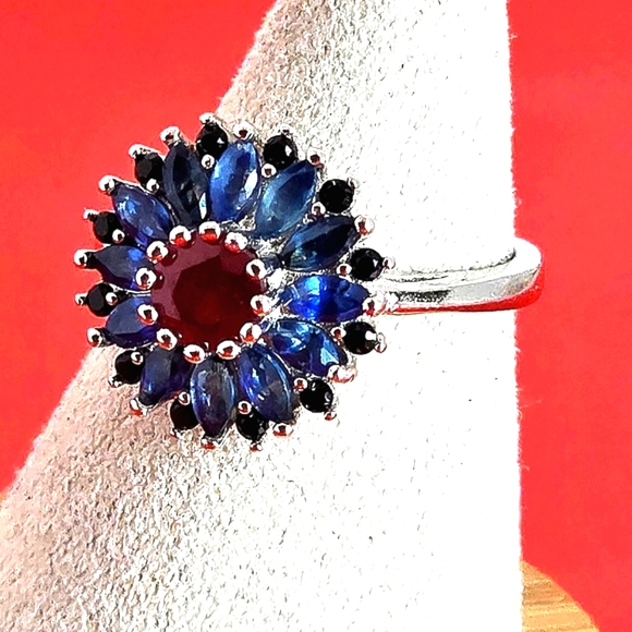 925 Sterling Silver Ring Sz 6.75 with Natural Ruby, Sappphire, Spinel - Picture 2 of 10